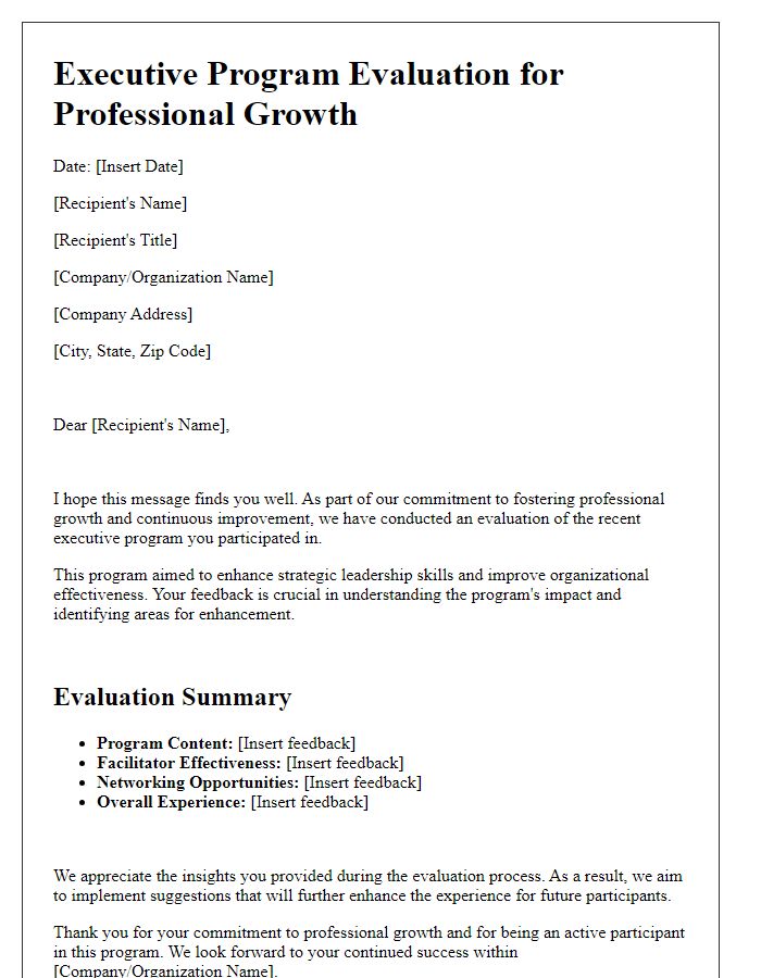 Letter template of executive program evaluation for professional growth.