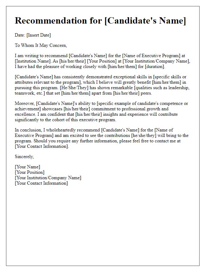 Letter template of executive program recommendation for prospective candidates.