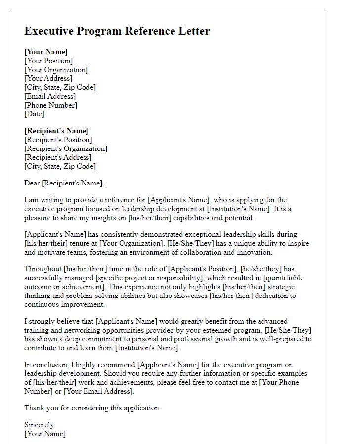 Letter template of executive program reference for leadership development.