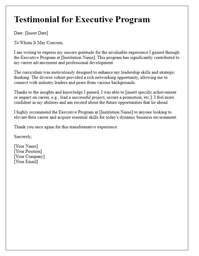 Letter template of executive program testimonial for career advancement.