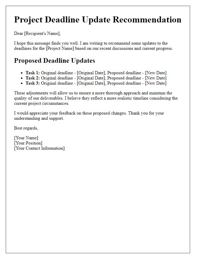 Letter template of recommended updates to project deadlines