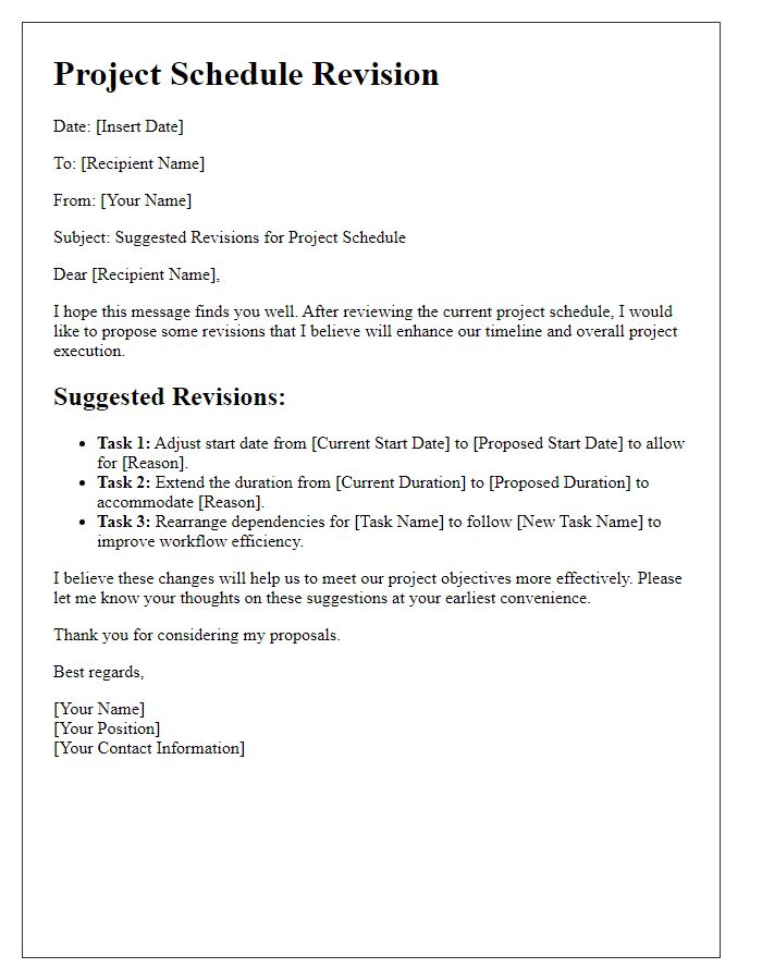 Letter template of suggested revisions for project schedule