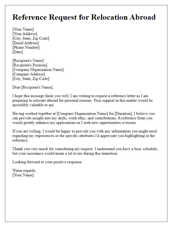 Letter template of relocation abroad reference request for personal reasons.