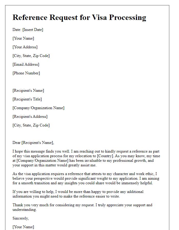 Letter template of relocation abroad reference request for visa processing.