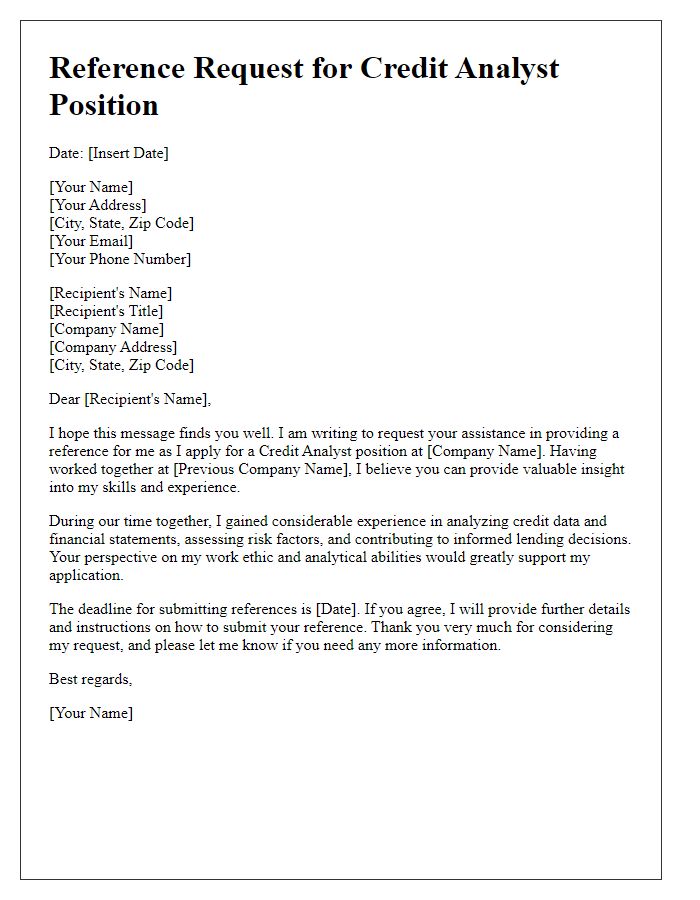 Letter template of banking position reference request for a credit analyst position