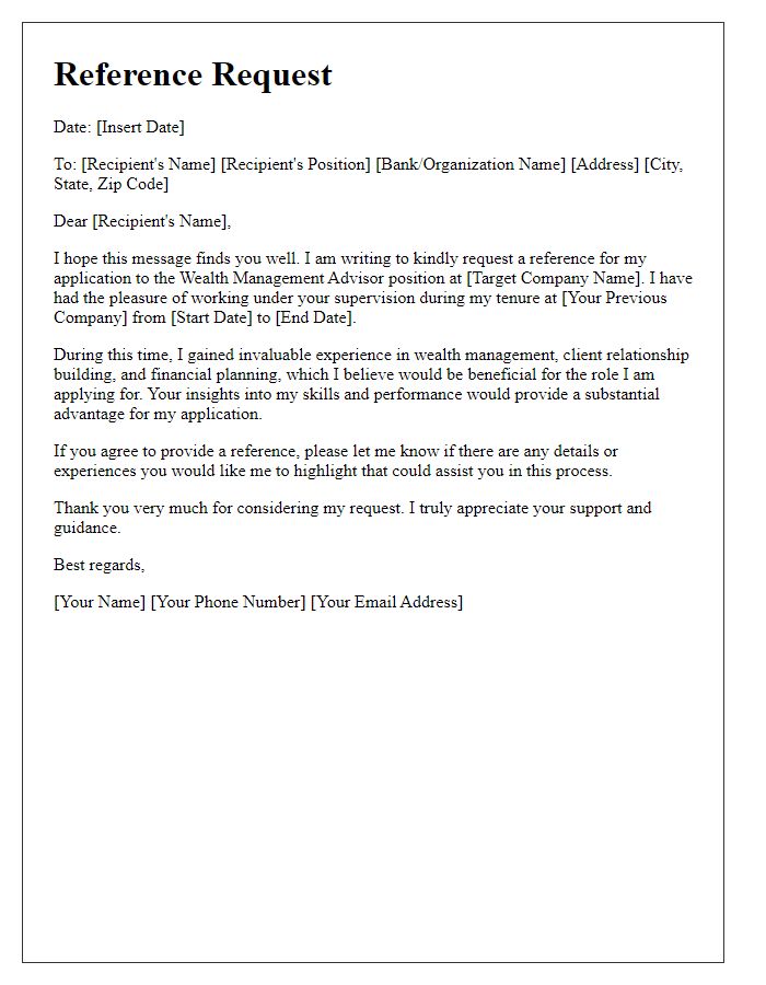 Letter template of banking position reference request for a wealth management advisor