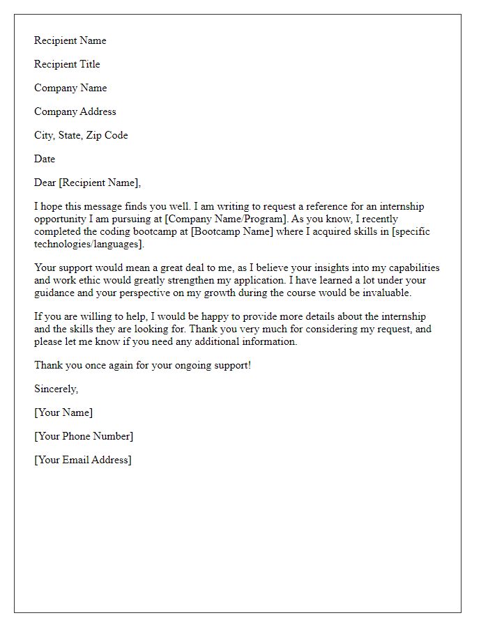 Letter template of coding bootcamp reference request for internship opportunity