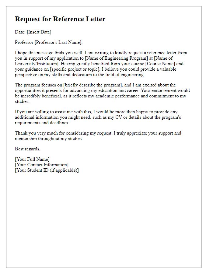 Letter template of request for engineering program reference from professor