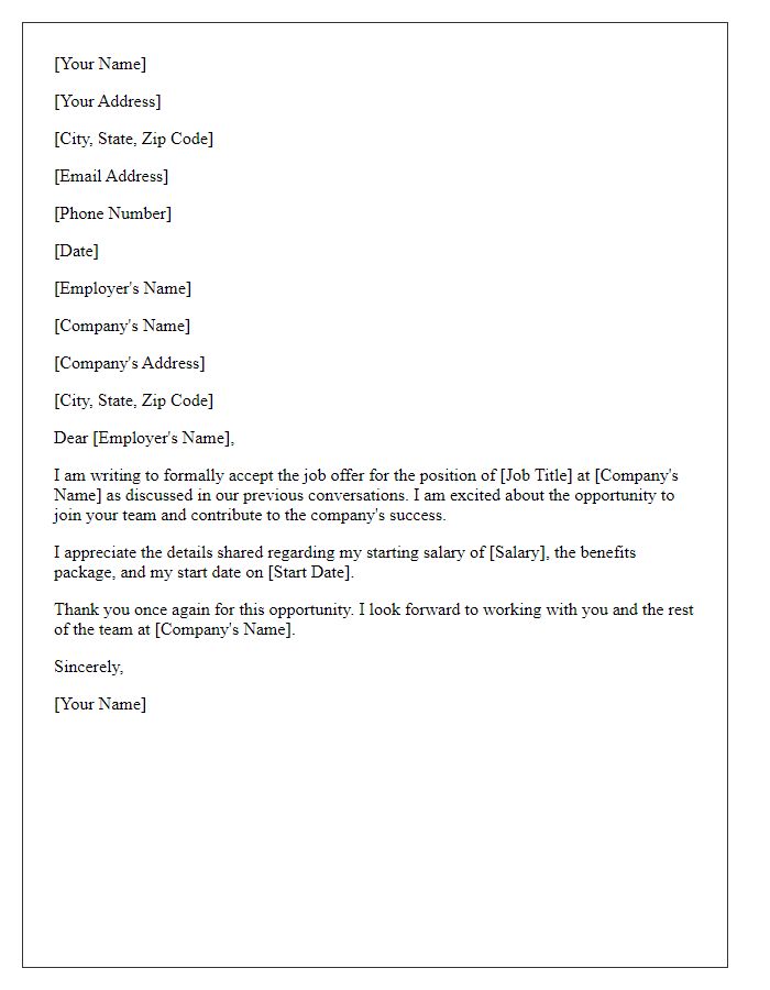 Letter template of acceptance for a job offer