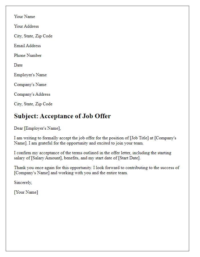 Letter template of accepting the terms of a job offer