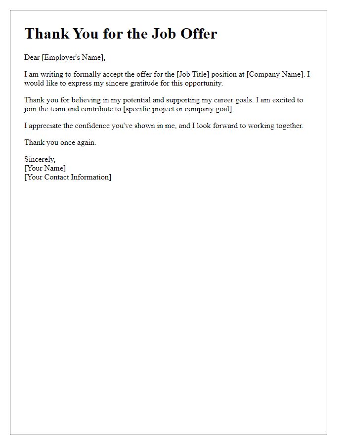 Letter template of expressing gratitude upon job offer acceptance