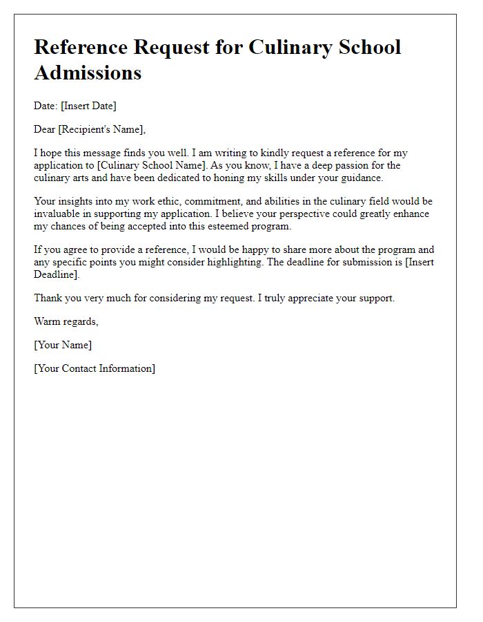 Letter template of Culinary School Reference Request for Admissions