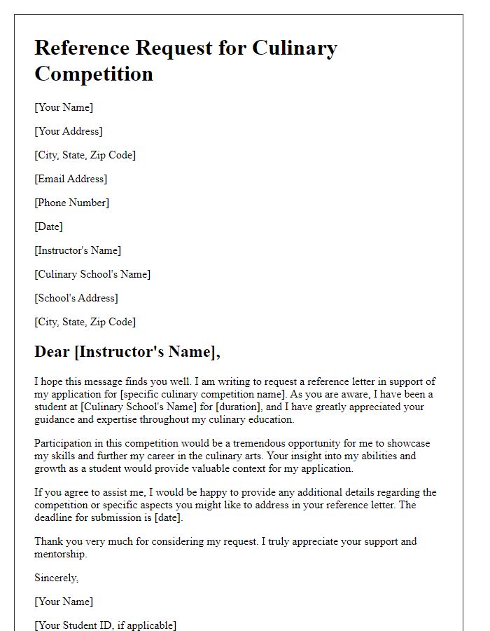 Letter template of Culinary School Reference Request for Competitions