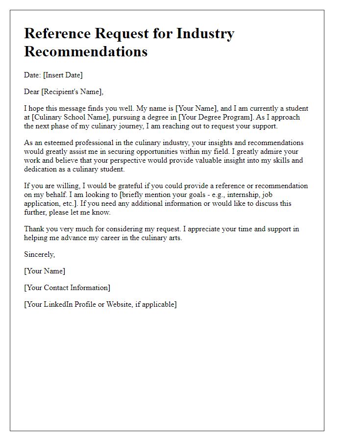 Letter template of Culinary School Reference Request for Industry Recommendations