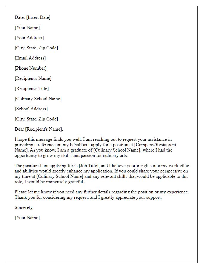 Letter template of Culinary School Reference Request for Job Application