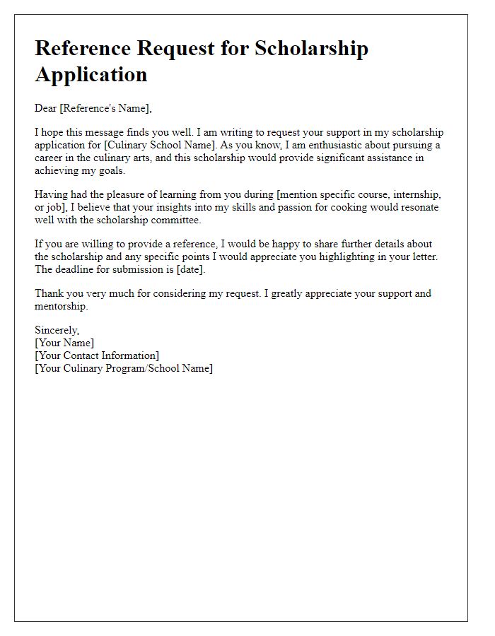 Letter template of Culinary School Reference Request for Scholarship Application