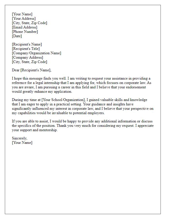 Letter template of request for legal internship reference for corporate law interest.