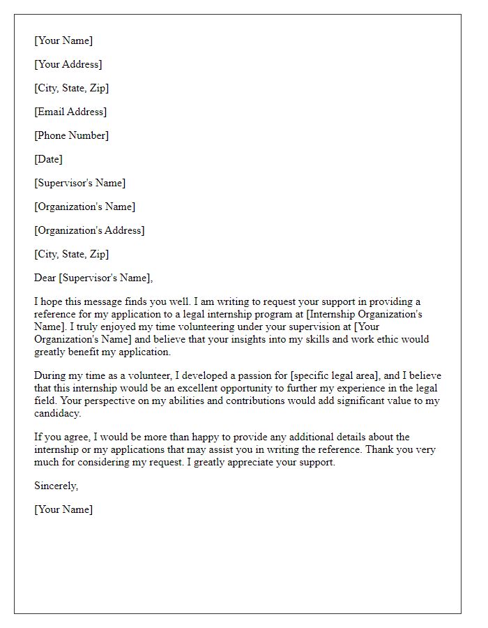 Letter template of request for legal internship reference from a volunteer supervisor.