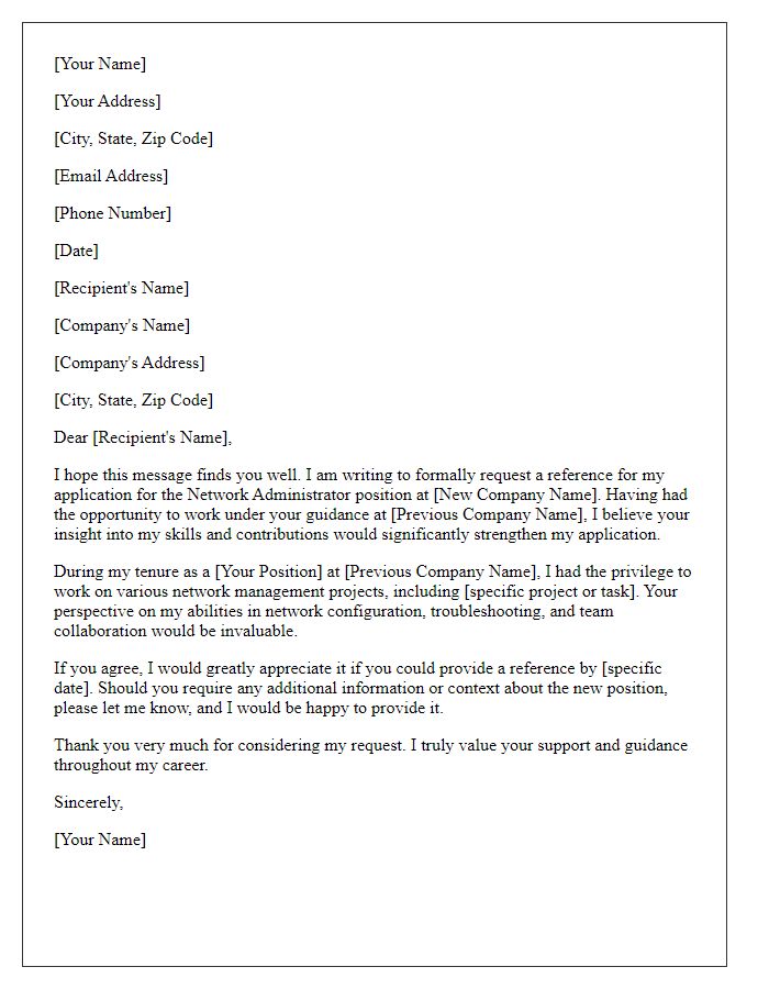 Letter template of IT position reference request for network administrators
