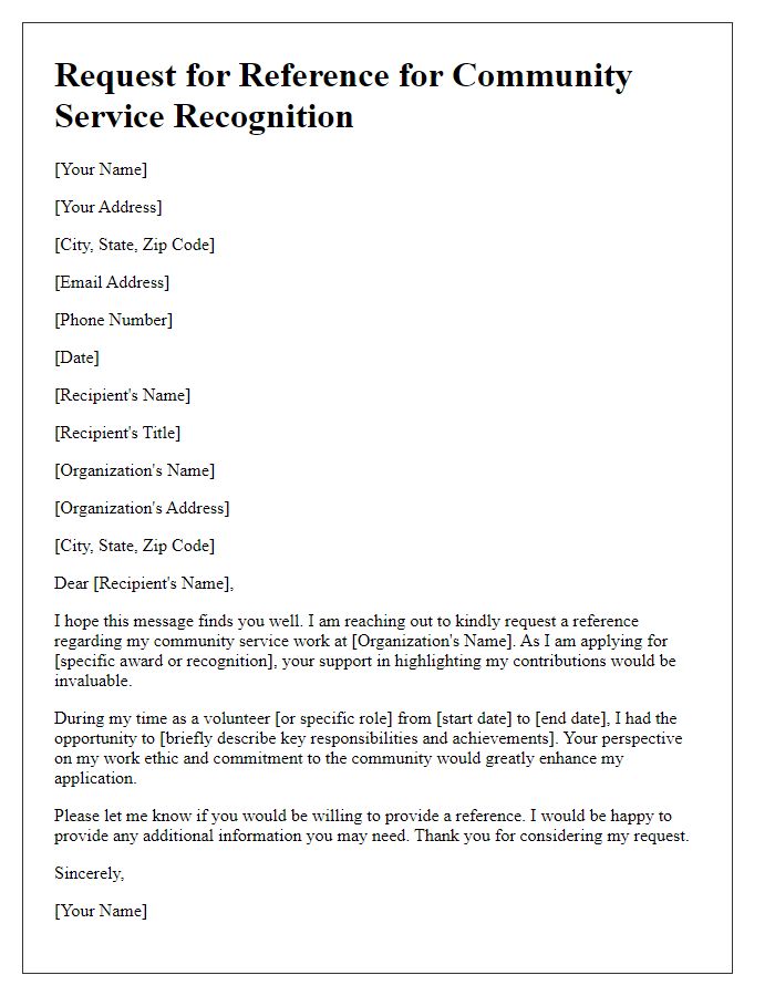 Letter template of nonprofit work reference request for community service recognition.