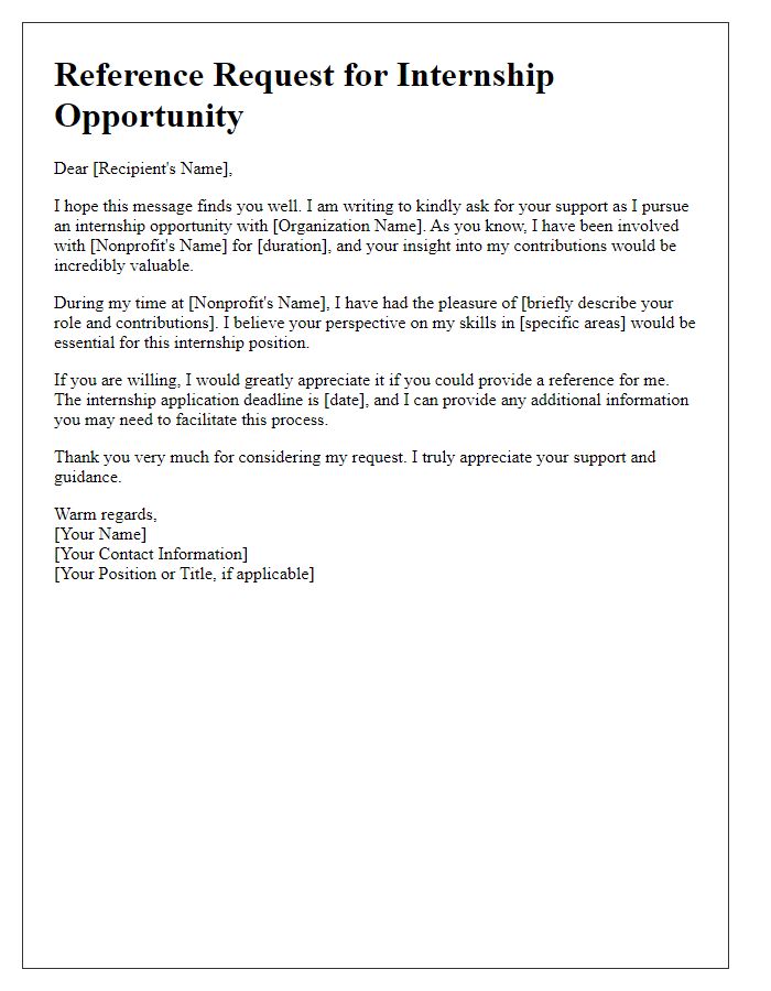 Letter template of nonprofit work reference request for internship opportunity.