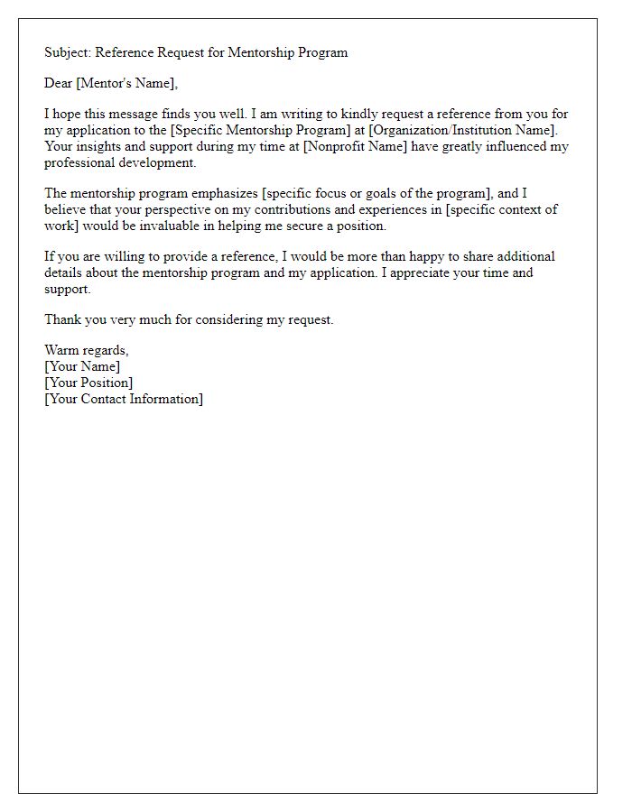 Letter template of nonprofit work reference request for mentorship program.