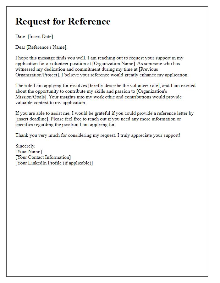 Letter template of nonprofit work reference request for volunteer application.