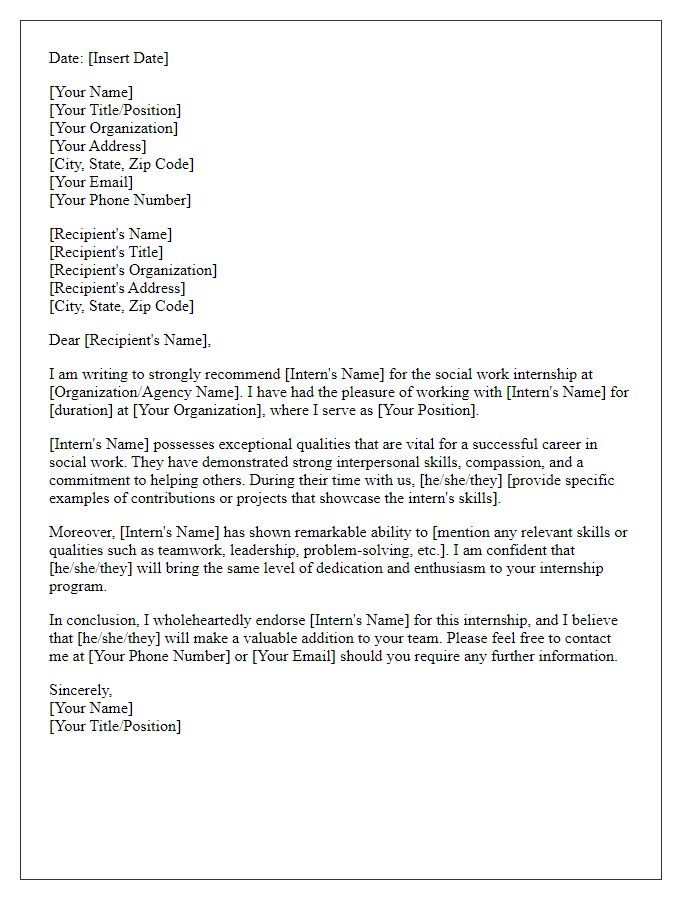 Letter template of recommendation for social work internship.