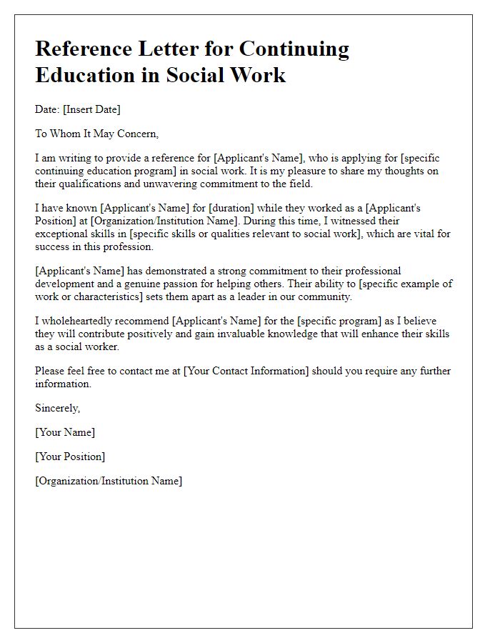 Letter template of reference for social work continuing education.