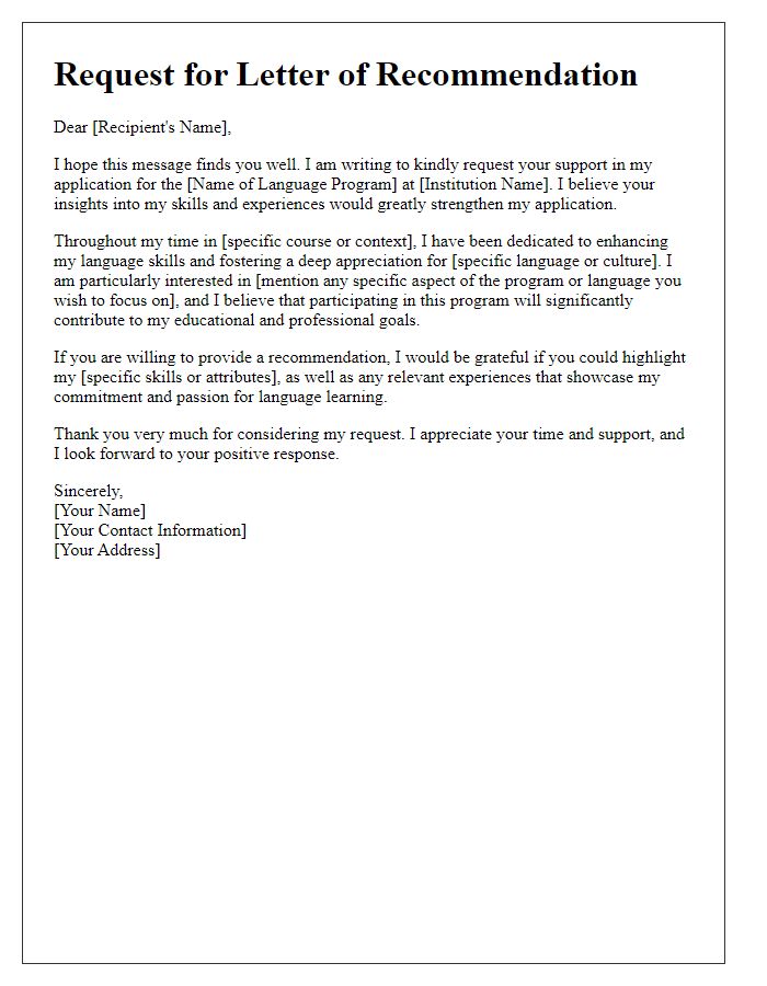 Letter template of appeal for recommendations for language program enrollment.