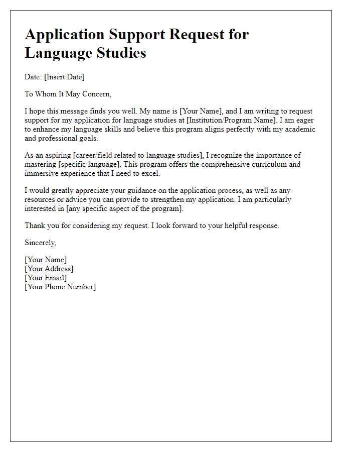 Letter template of application support request for language studies.