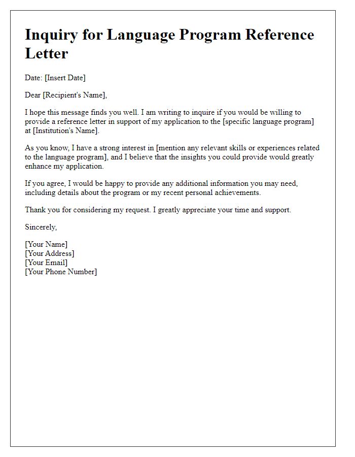 Letter template of inquiry for language program reference letter.