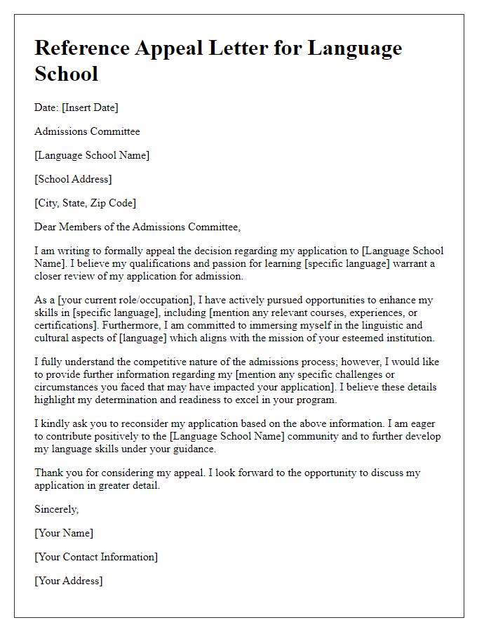 Letter template of reference appeal for attending language school.