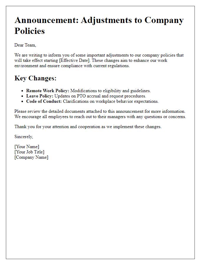 Letter template of announcement regarding company policy adjustments