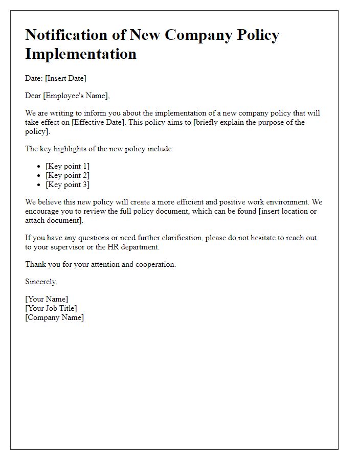 Letter template of notification for new company policy implementation