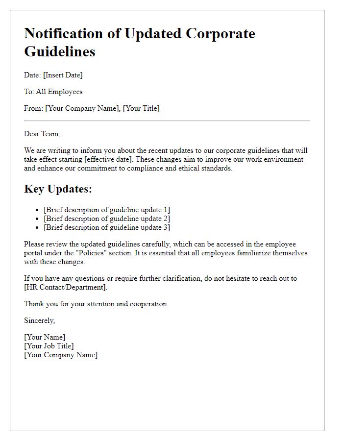 Letter template of notification of updated corporate guidelines