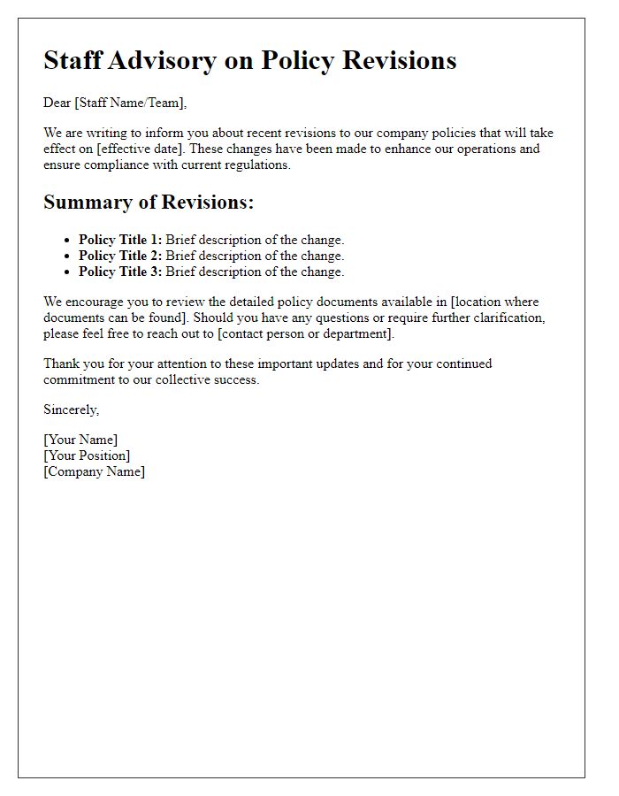 Letter template of staff advisory on policy revisions