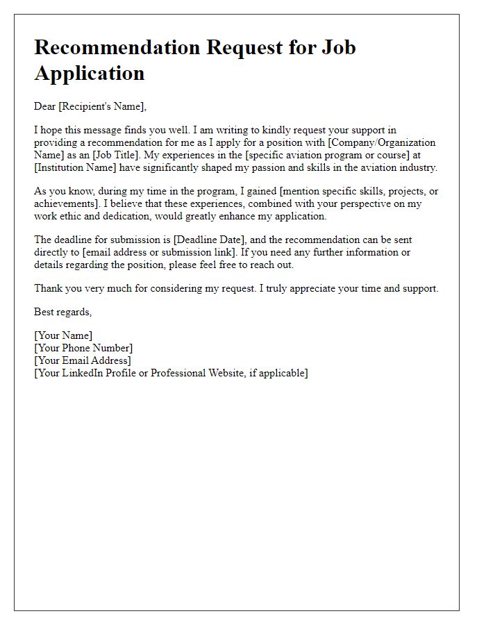 Letter template of aviation program recommendation request for job application.