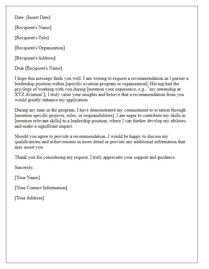 Letter template of aviation program recommendation request for leadership position.