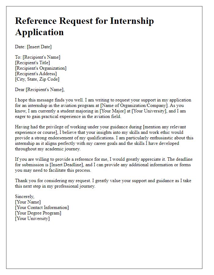 Letter template of aviation program reference request for internship application.