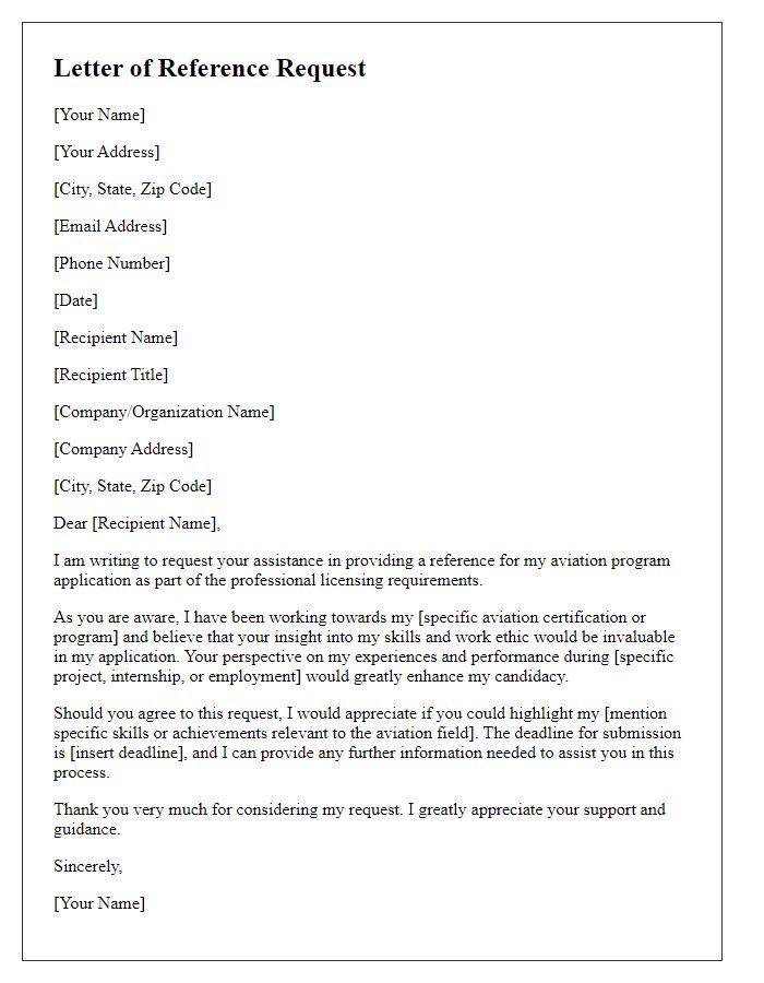 Letter template of aviation program reference request for professional licensing.