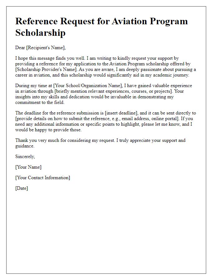 Letter template of aviation program reference request for scholarship consideration.