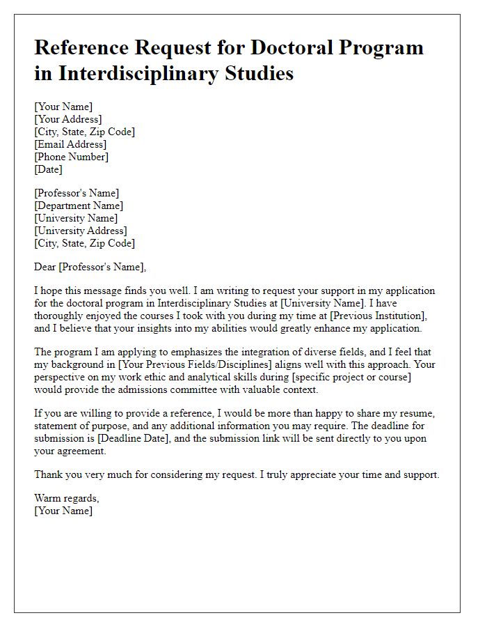 Letter template of doctoral program reference request for interdisciplinary studies.