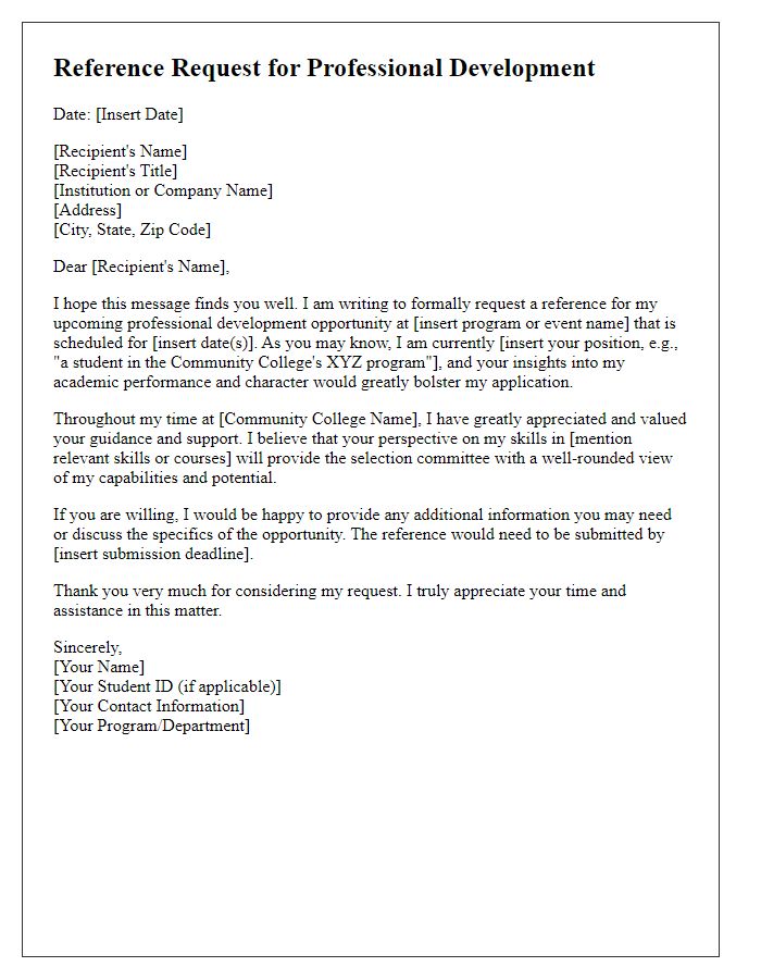 Letter template of community college reference request for professional development.