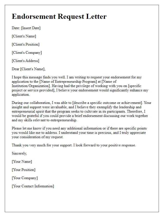 Letter template of endorsement request for an entrepreneurship program from a previous client.