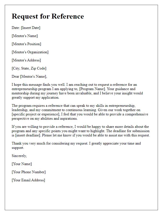 Letter template of request for entrepreneurship program reference from a mentor.