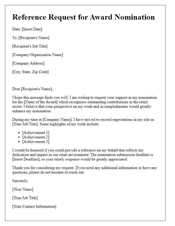 Letter template of retail position reference request for an award nomination.