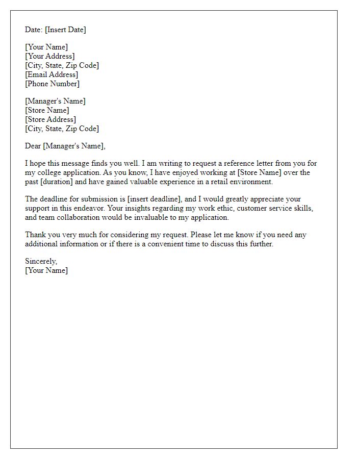 Letter template of retail position reference request for a college application.