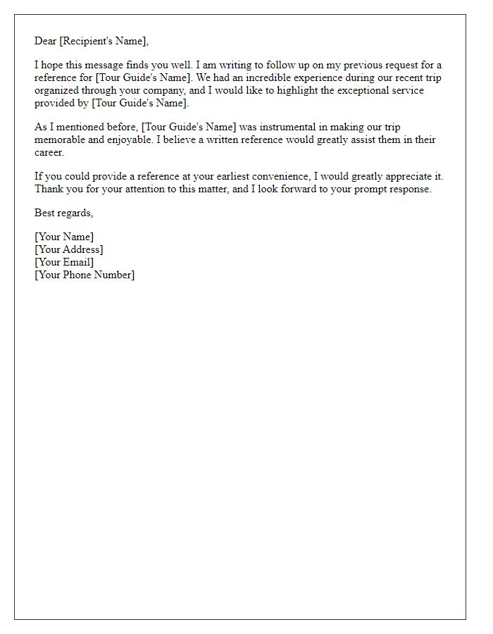 Letter template of follow-up request for a tour guide reference from a travel company.