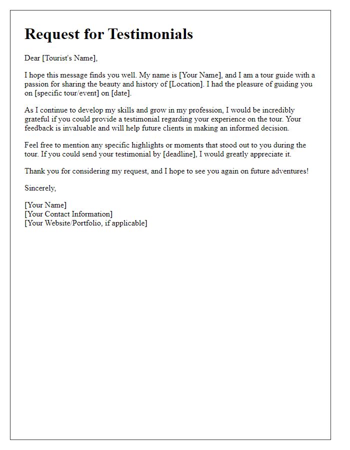 Letter template of request for testimonials from tourists for a tour guide position.